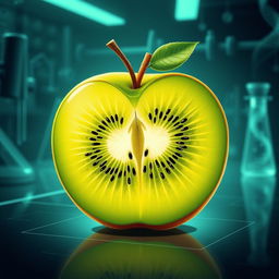 A conceptual illustration of a genetically modified kiwi fruit that embodies the traits of an apple, showcasing a bright green exterior with a glossy, smooth texture reminiscent of an apple's surface