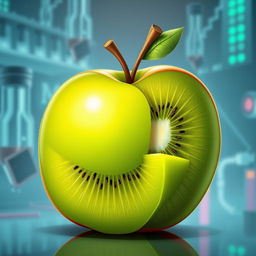 A conceptual illustration of a genetically modified kiwi fruit that embodies the traits of an apple, showcasing a bright green exterior with a glossy, smooth texture reminiscent of an apple's surface