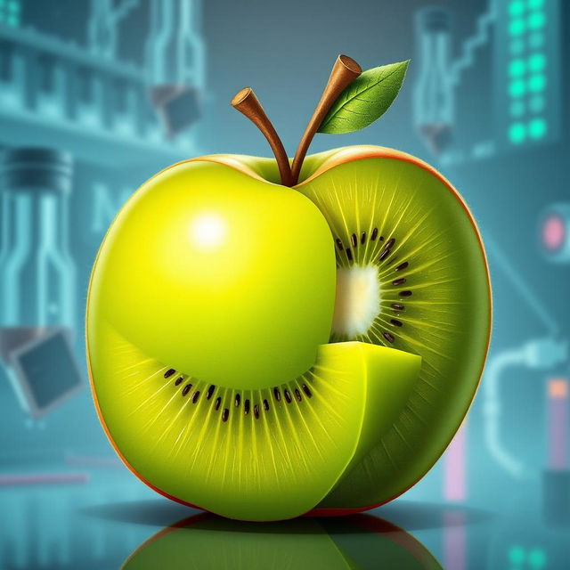 A conceptual illustration of a genetically modified kiwi fruit that embodies the traits of an apple, showcasing a bright green exterior with a glossy, smooth texture reminiscent of an apple's surface