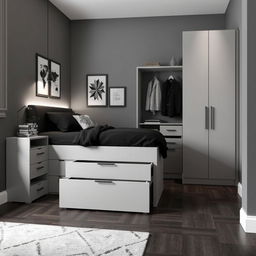 A stylish and modern youth bedroom design measuring 10 square meters, featuring a 135 cm bed with tall drawers underneath for storage