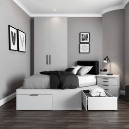 A stylish and modern youth bedroom design measuring 10 square meters, featuring a 135 cm bed with tall drawers underneath for storage