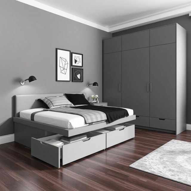 A stylish and modern youth bedroom design measuring 10 square meters, featuring a 135 cm bed with tall drawers underneath for storage