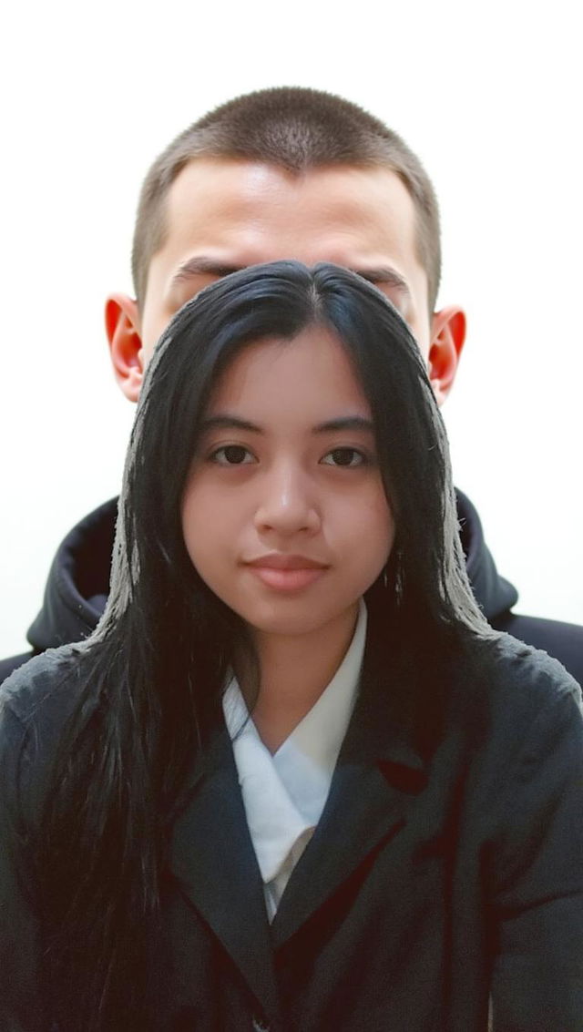 A young woman with long, dark hair, wearing a formal black blazer over a white shirt