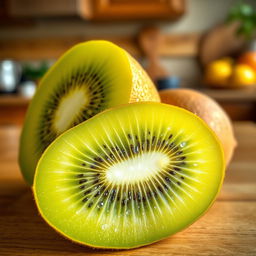 A vibrant, juicy kiwi with clear green skin, showcasing its unique texture and vibrant color, sitting on a wooden table