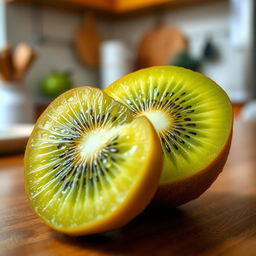 A vibrant, juicy kiwi with clear green skin, showcasing its unique texture and vibrant color, sitting on a wooden table