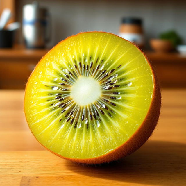 A vibrant, juicy kiwi with clear green skin, showcasing its unique texture and vibrant color, sitting on a wooden table