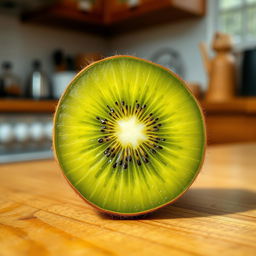 A vibrant, juicy kiwi with clear green skin, showcasing its unique texture and vibrant color, sitting on a wooden table