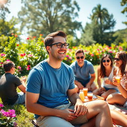 A vibrant outdoor scene featuring a group of people enjoying a sunny day at a park