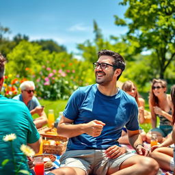 A vibrant outdoor scene featuring a group of people enjoying a sunny day at a park