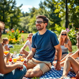 A vibrant outdoor scene featuring a group of people enjoying a sunny day at a park