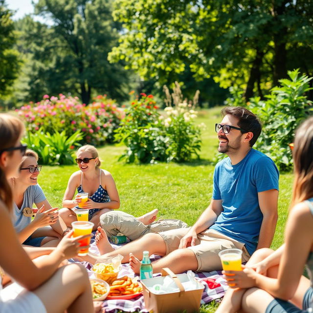 A vibrant outdoor scene featuring a group of people enjoying a sunny day at a park