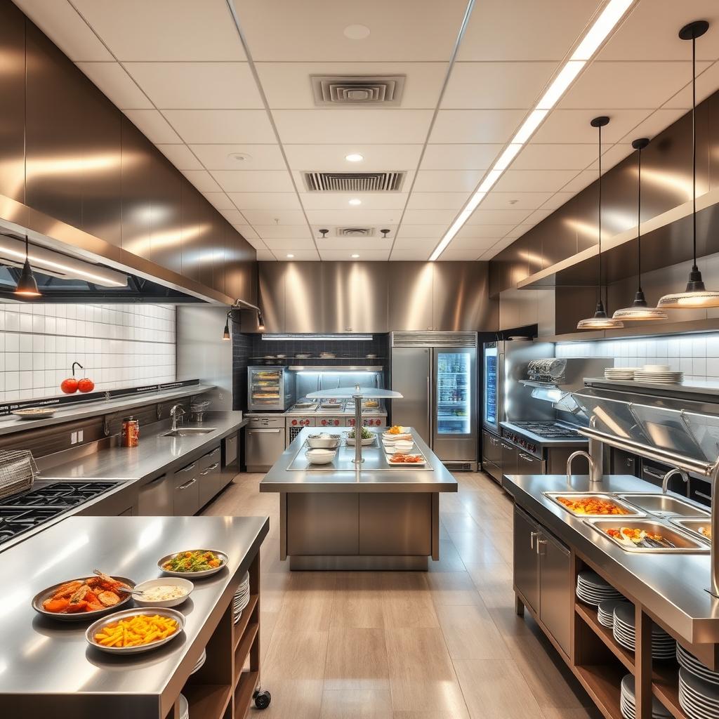 The kitchen area of a buffet restaurant designed for functionality and efficiency, featuring an open layout, stainless steel workstations, expansive countertops, a central island for food preparation, and strategically placed equipment like ovens, grills, and fryers