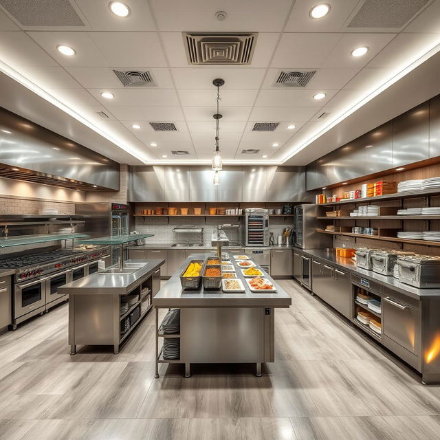 The kitchen area of a buffet restaurant designed for functionality and efficiency, featuring an open layout, stainless steel workstations, expansive countertops, a central island for food preparation, and strategically placed equipment like ovens, grills, and fryers