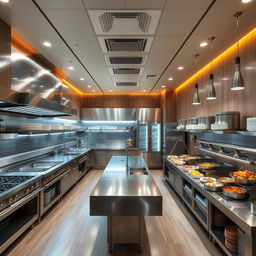 The kitchen area of a buffet restaurant designed for functionality and efficiency, featuring an open layout, stainless steel workstations, expansive countertops, a central island for food preparation, and strategically placed equipment like ovens, grills, and fryers