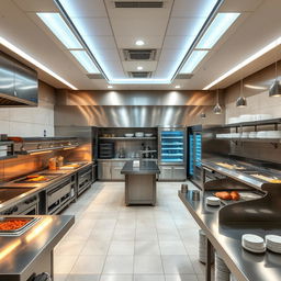 The kitchen area of a buffet restaurant designed for functionality and efficiency, featuring an open layout, stainless steel workstations, expansive countertops, a central island for food preparation, and strategically placed equipment like ovens, grills, and fryers
