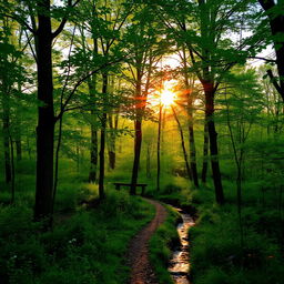 A serene forest scene during the golden hour, with sunlight filtering through the dense canopy of green leaves, creating a dappled effect on the forest floor
