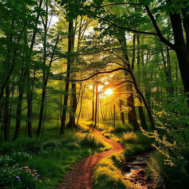 A serene forest scene during the golden hour, with sunlight filtering through the dense canopy of green leaves, creating a dappled effect on the forest floor