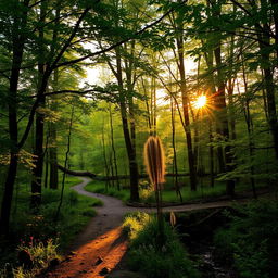 A serene forest scene during the golden hour, with sunlight filtering through the dense canopy of green leaves, creating a dappled effect on the forest floor