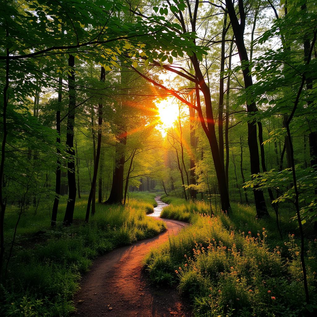 A serene forest scene during the golden hour, with sunlight filtering through the dense canopy of green leaves, creating a dappled effect on the forest floor