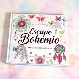 A captivating book cover for 'Escape Bohemio: Relaxing Coloring Book', featuring vibrant and intricate bohemian patterns and designs, including mandalas, dreamcatchers, and floral elements