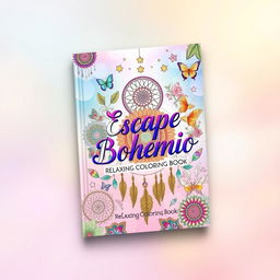 A captivating book cover for 'Escape Bohemio: Relaxing Coloring Book', featuring vibrant and intricate bohemian patterns and designs, including mandalas, dreamcatchers, and floral elements