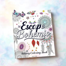 A captivating book cover for 'Escape Bohemio: Relaxing Coloring Book', featuring vibrant and intricate bohemian patterns and designs, including mandalas, dreamcatchers, and floral elements