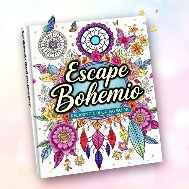 A captivating book cover for 'Escape Bohemio: Relaxing Coloring Book', featuring vibrant and intricate bohemian patterns and designs, including mandalas, dreamcatchers, and floral elements