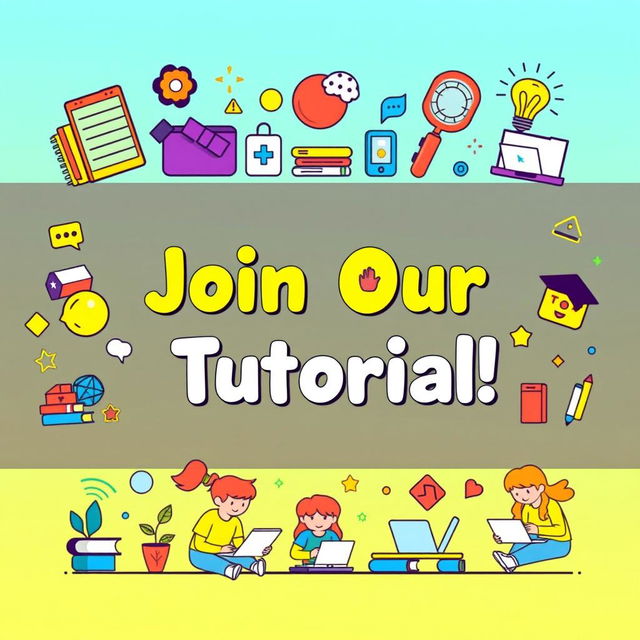 A colorful and engaging banner for an online tutorial, featuring visually appealing graphics and icons that represent learning, such as books, laptops, and lightbulbs