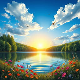 An artistic representation of a serene landscape featuring a tranquil lake surrounded by lush green forests under a bright blue sky with fluffy white clouds