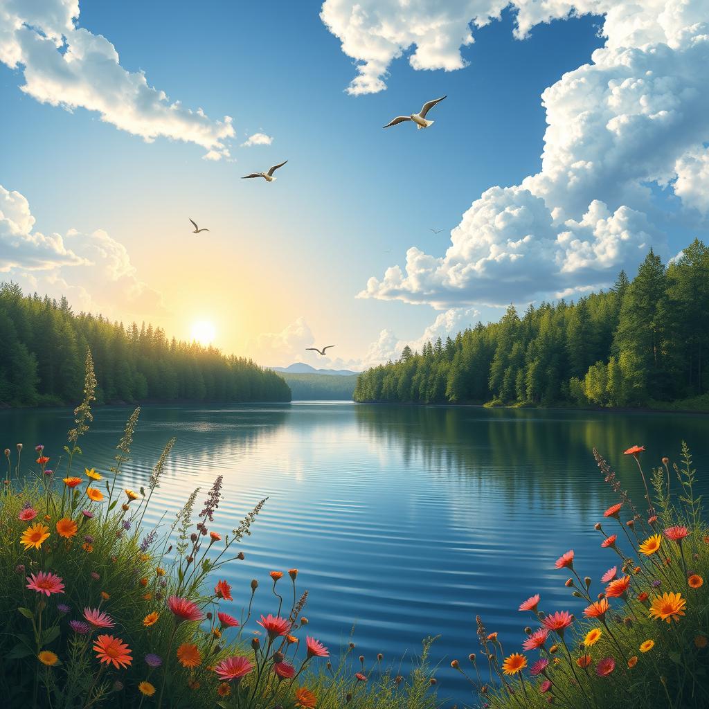 An artistic representation of a serene landscape featuring a tranquil lake surrounded by lush green forests under a bright blue sky with fluffy white clouds