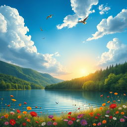 An artistic representation of a serene landscape featuring a tranquil lake surrounded by lush green forests under a bright blue sky with fluffy white clouds