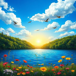 An artistic representation of a serene landscape featuring a tranquil lake surrounded by lush green forests under a bright blue sky with fluffy white clouds