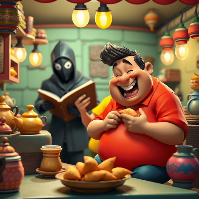 A vibrant 3D cartoon-style scene depicting a lively tea stall