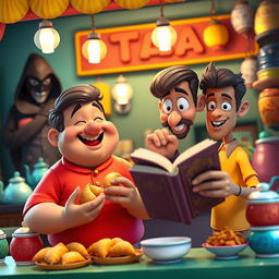 A vibrant 3D cartoon-style scene depicting a lively tea stall