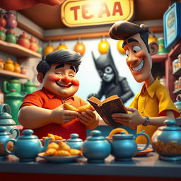 A vibrant 3D cartoon-style scene depicting a lively tea stall