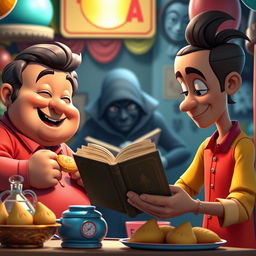 A vibrant 3D cartoon-style scene depicting a lively tea stall