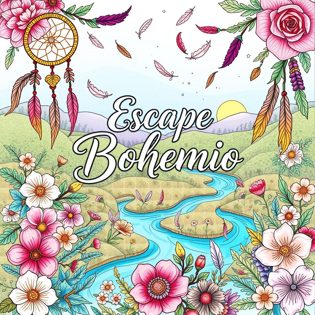 A beautifully illustrated cover for a book titled 'Escape Bohemio: Relaxing Coloring Book', featuring a serene and whimsical bohemian landscape