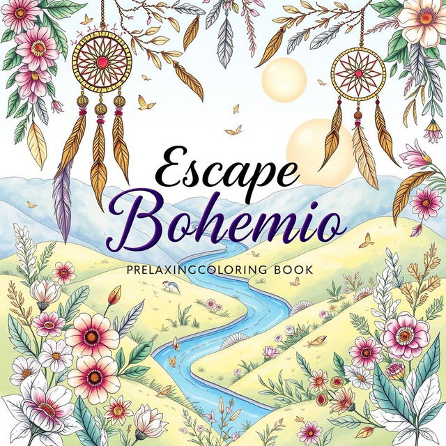 A beautifully illustrated cover for a book titled 'Escape Bohemio: Relaxing Coloring Book', featuring a serene and whimsical bohemian landscape