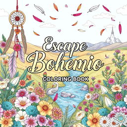 A beautifully illustrated cover for a book titled 'Escape Bohemio: Relaxing Coloring Book', featuring a serene and whimsical bohemian landscape