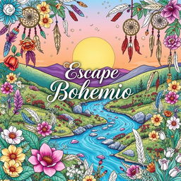 A beautifully illustrated cover for a book titled 'Escape Bohemio: Relaxing Coloring Book', featuring a serene and whimsical bohemian landscape