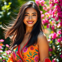 A stunning portrait of a beautiful woman with flowing black hair, dressed in a vibrant and colorful outfit, standing in a lush, sunny garden filled with blooming flowers