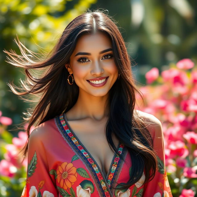 A stunning portrait of a beautiful woman with flowing black hair, dressed in a vibrant and colorful outfit, standing in a lush, sunny garden filled with blooming flowers