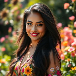 A stunning portrait of a beautiful woman with flowing black hair, dressed in a vibrant and colorful outfit, standing in a lush, sunny garden filled with blooming flowers