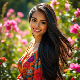 A stunning portrait of a beautiful woman with flowing black hair, dressed in a vibrant and colorful outfit, standing in a lush, sunny garden filled with blooming flowers