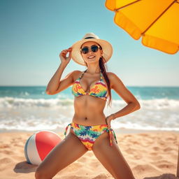 A stunning visual of a themed beach scene featuring a fashionable and vibrant bikini