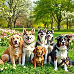 A vibrant and heartwarming group photo of several dogs sitting together in a lush green park