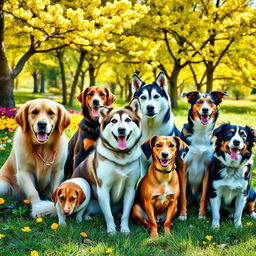 A vibrant and heartwarming group photo of several dogs sitting together in a lush green park