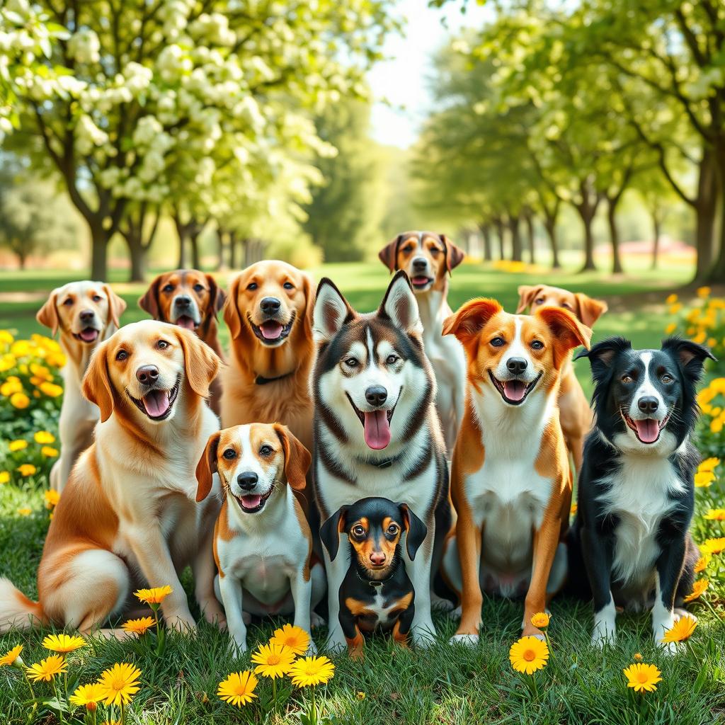 A vibrant and heartwarming group photo of several dogs sitting together in a lush green park