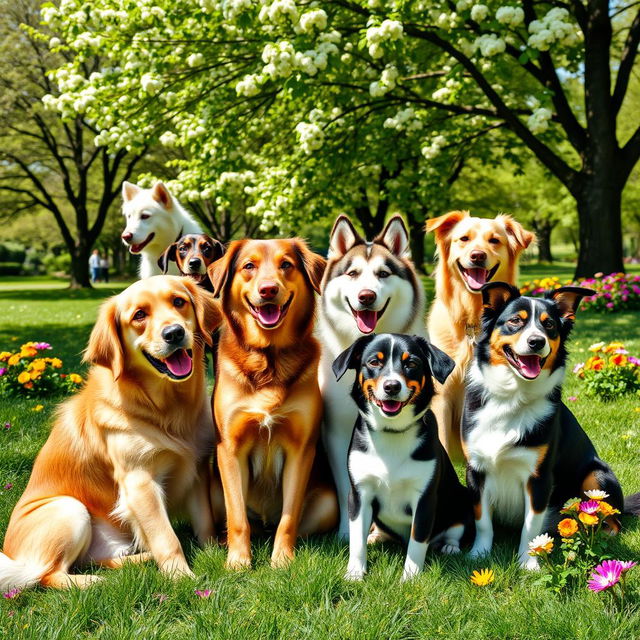 A vibrant and heartwarming group photo of several dogs sitting together in a lush green park