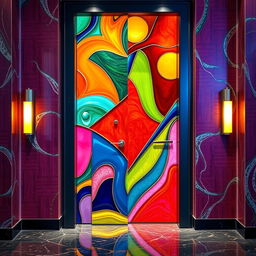 A visually striking and intricately designed door that perfectly embodies a style shift, showcasing a variety of vivid colors and patterns that reflect a modern aesthetic